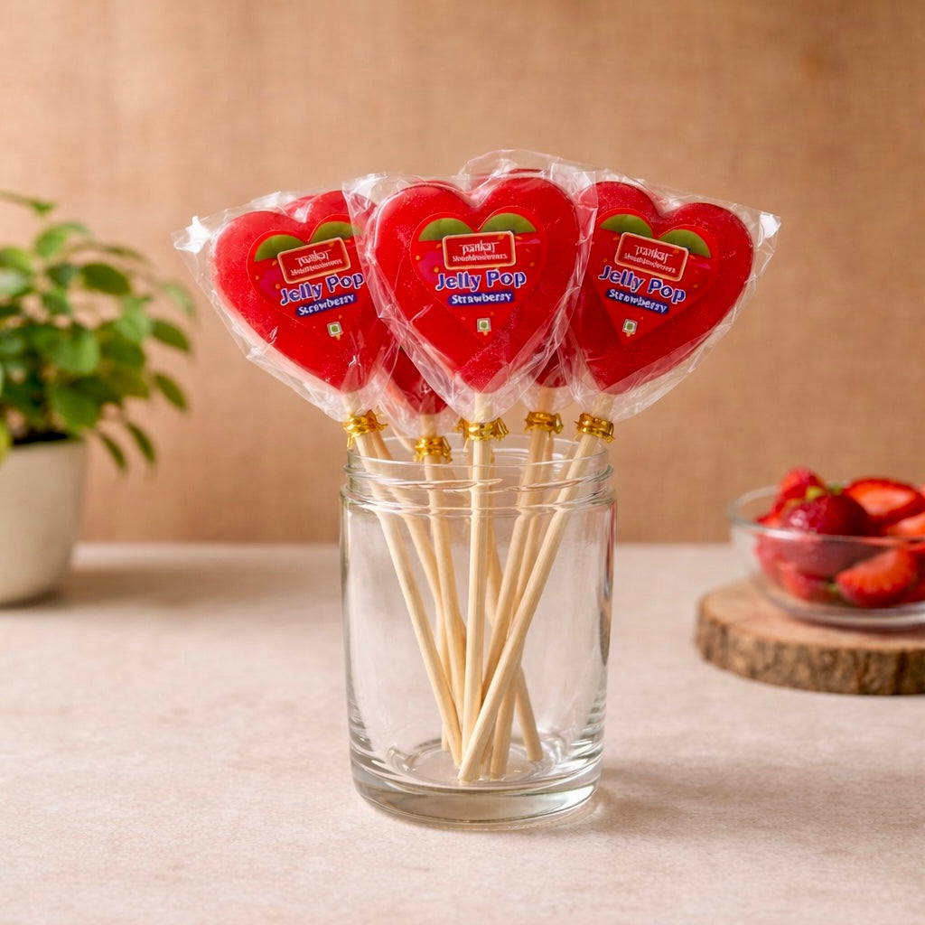 Jelly Pop (Strawberry) Heart Shaped 40gm each (X6) Pack of 6 jelly pops (Pack doesn’t includes Glass jar)