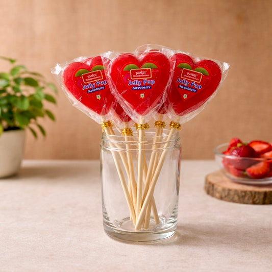 Jelly Pop (Strawberry) Heart Shaped 40gm each (X6) Pack of 6 jelly pops (Pack doesn’t includes Glass jar)